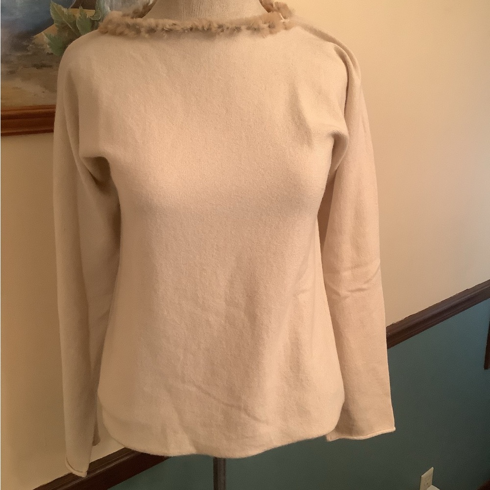 Vintage Rare Cividini Fur Collar Cashmere Sweater M Beige
